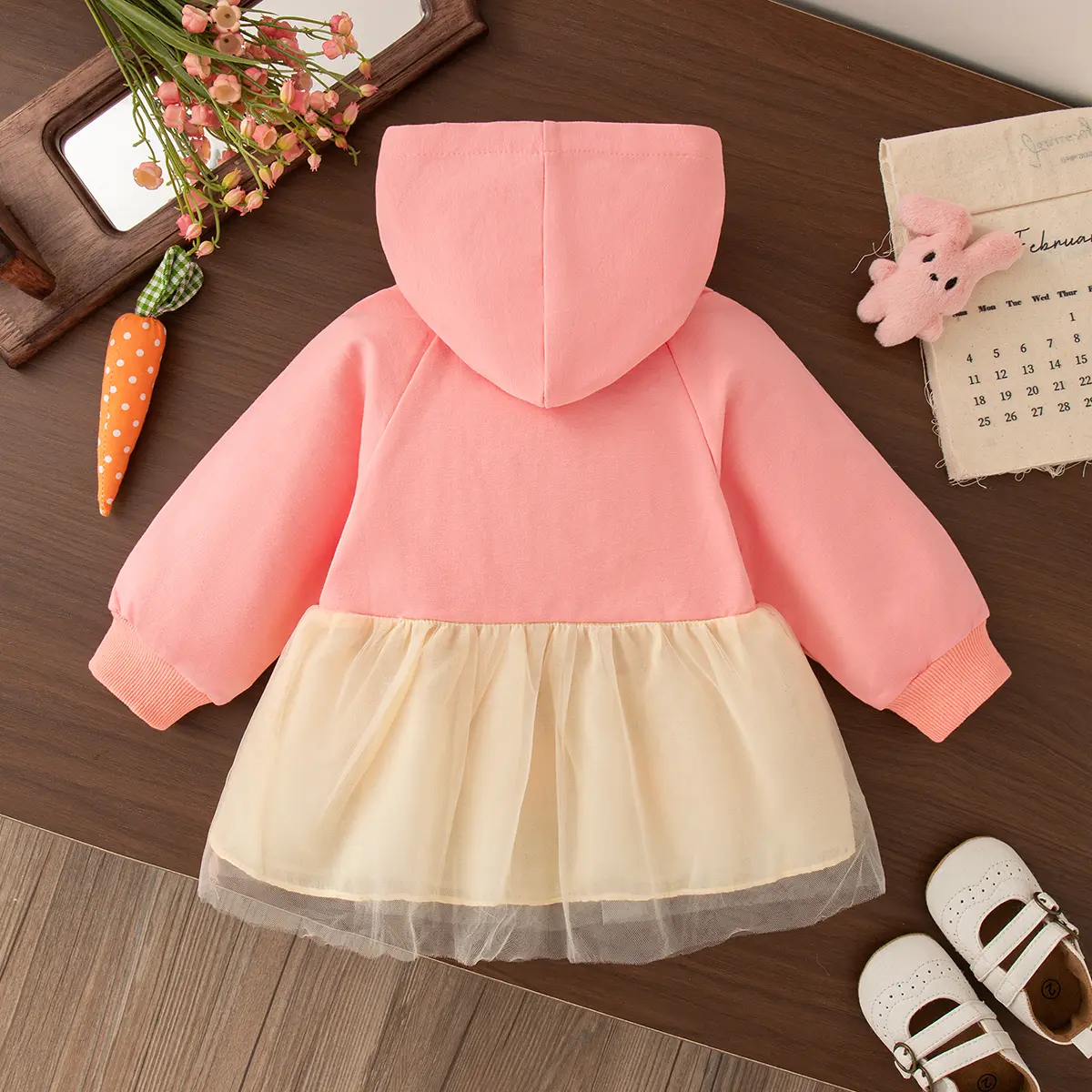 Baby Girl Dresses Autumn New Long Sleeve Casual Dresses For Girls Cartoon Rabbit Mesh Hoodie Girl Clothing