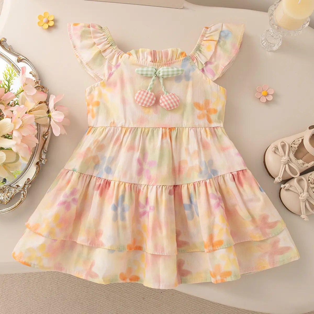 Casual Dresses For Girls Summer New Sleeveless Baby Clothing Ruffled Flower Print 3d Bow  Baby Girl Dresses