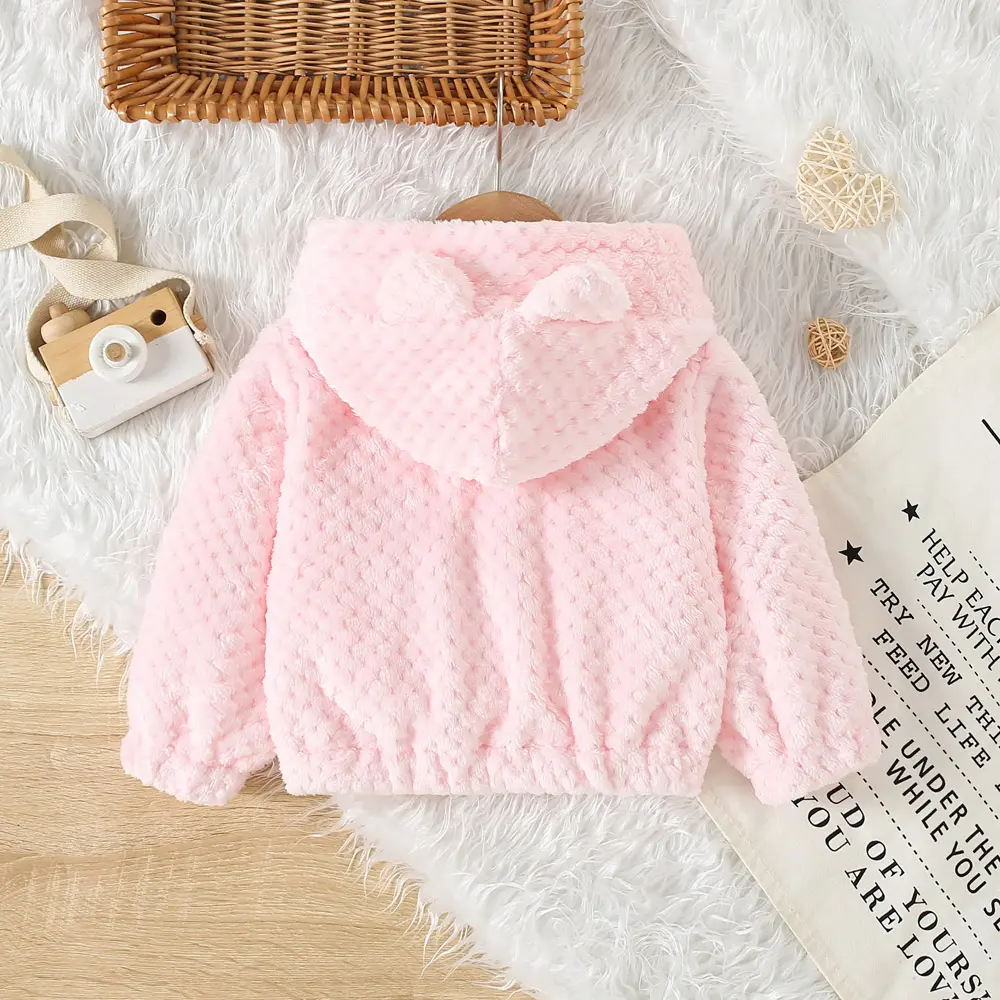 Casual Fur Girls' Coat Autumn And Winter Girls' Diamond Grid Fur Solid Color Cute Ear Hooded Zipper Jacket