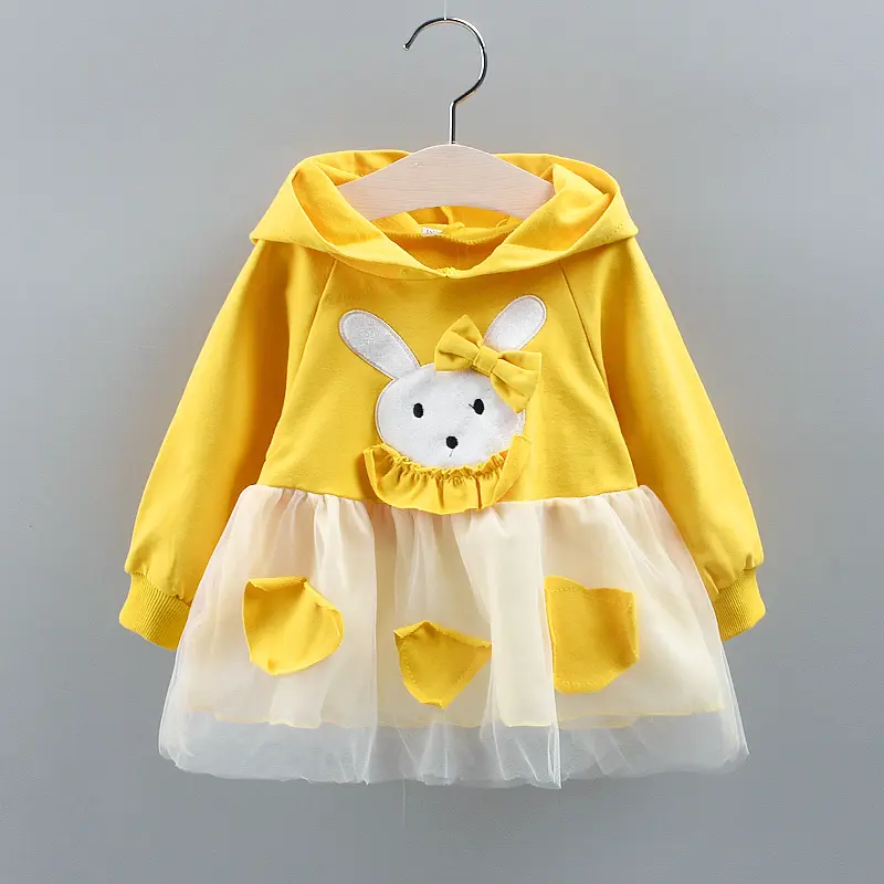Baby Girl Dresses Autumn New Long Sleeve Casual Dresses For Girls Cartoon Rabbit Mesh Hoodie Girl Clothing