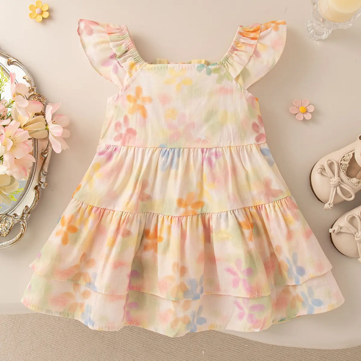 Casual Dresses For Girls Summer New Sleeveless Baby Clothing Ruffled Flower Print 3d Bow  Baby Girl Dresses