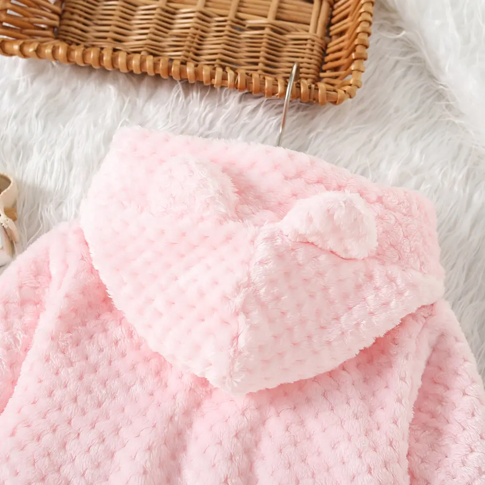 Casual Fur Girls' Coat Autumn And Winter Girls' Diamond Grid Fur Solid Color Cute Ear Hooded Zipper Jacket