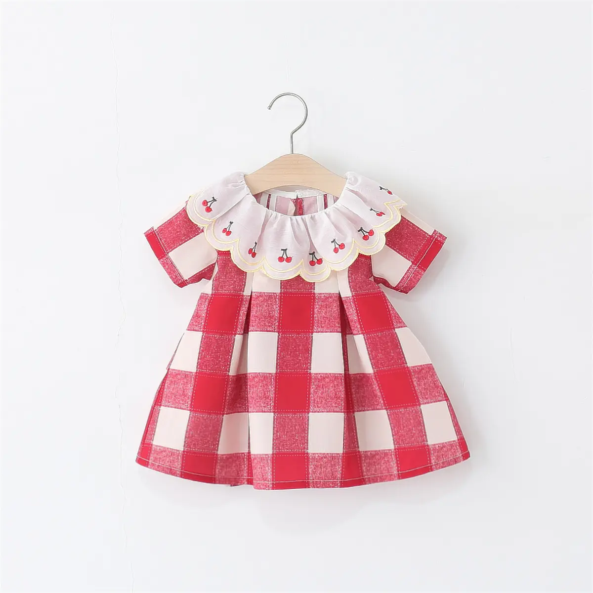 Baby Girl Dresses Summer New Short Sleeved Girl Clothes Plaid Lapel Sweet Cherry Print Casual Dresses For Girls