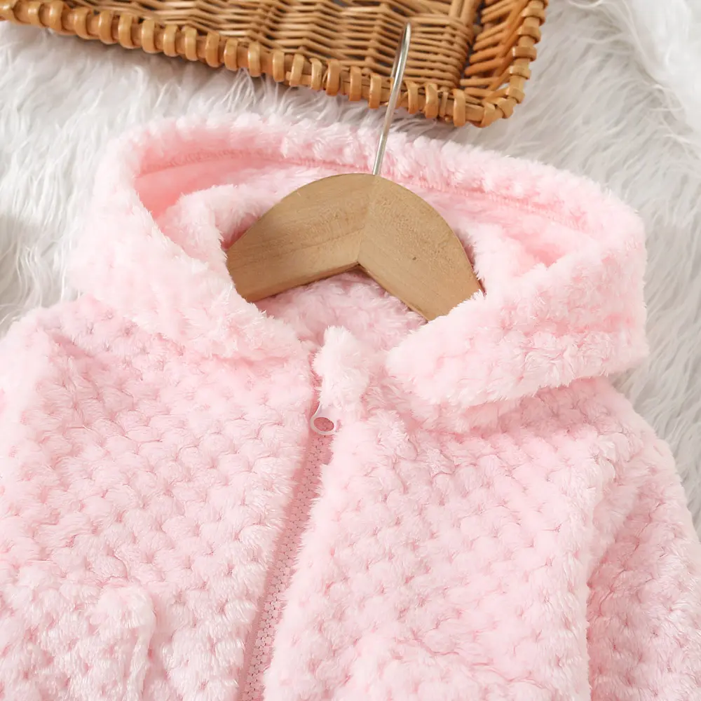 Casual Fur Girls' Coat Autumn And Winter Girls' Diamond Grid Fur Solid Color Cute Ear Hooded Zipper Jacket