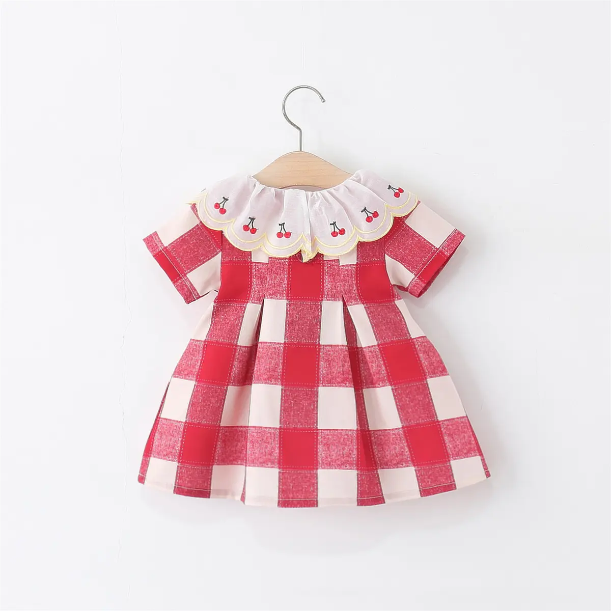 Baby Girl Dresses Summer New Short Sleeved Girl Clothes Plaid Lapel Sweet Cherry Print Casual Dresses For Girls
