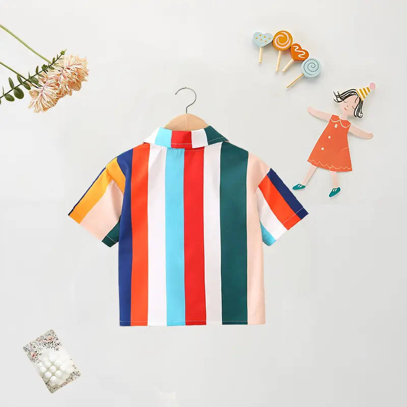 Summer (0-3) Boys Baby Short Sleeved Colorful Striped Printed Shirt Children's Short Sleeved Top T-shirt Shirt Casual Shirt
