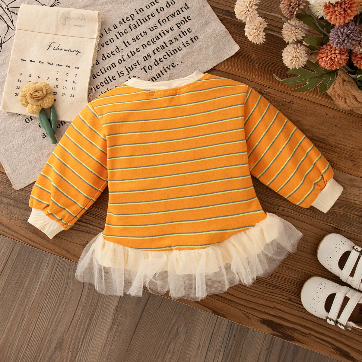 Costumes For Girls Autumn New Long Sleeved Baby Clothes Striped Cartoon Embroidery Mesh Round Neck Girl Clothes