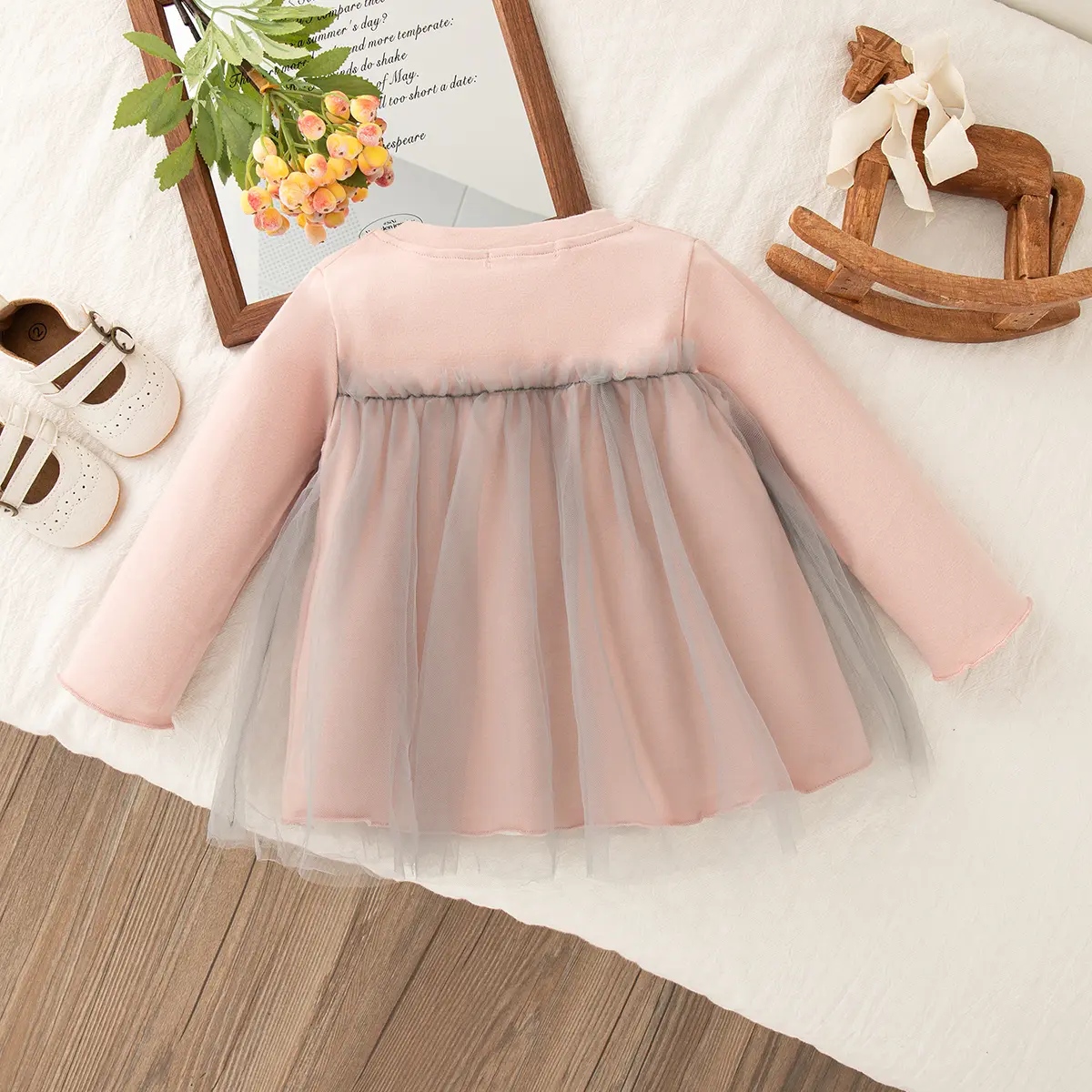 Costumes For Girls 2025 Autumn New Long Sleeved Girl Clothing Sweet Solid Color Mesh Little Ear Baby Tops