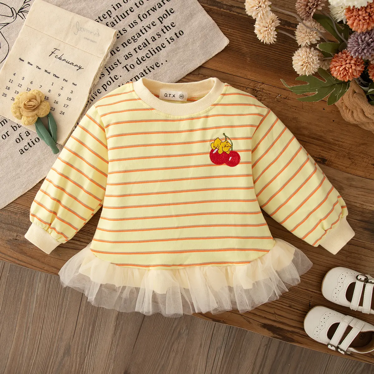 Costumes For Girls Autumn New Long Sleeved Baby Clothes Striped Cartoon Embroidery Mesh Round Neck Girl Clothes