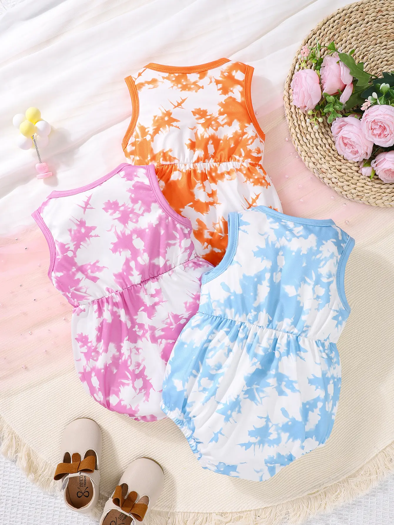 Summer Baby Girl Vest One-Piece Dress Girls' Tie-Dyed And Body-Wrapped Triangular Halter Dress 3 Pieces
