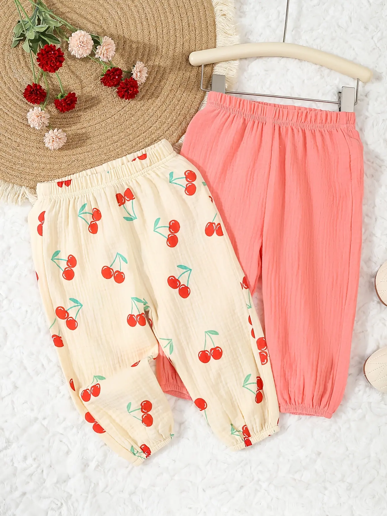 2pieces New Spring/Summer Baby Girls Lovely Cherry Print Outdoor Camping Leisure Comfortable Mosquito Repellent Pants