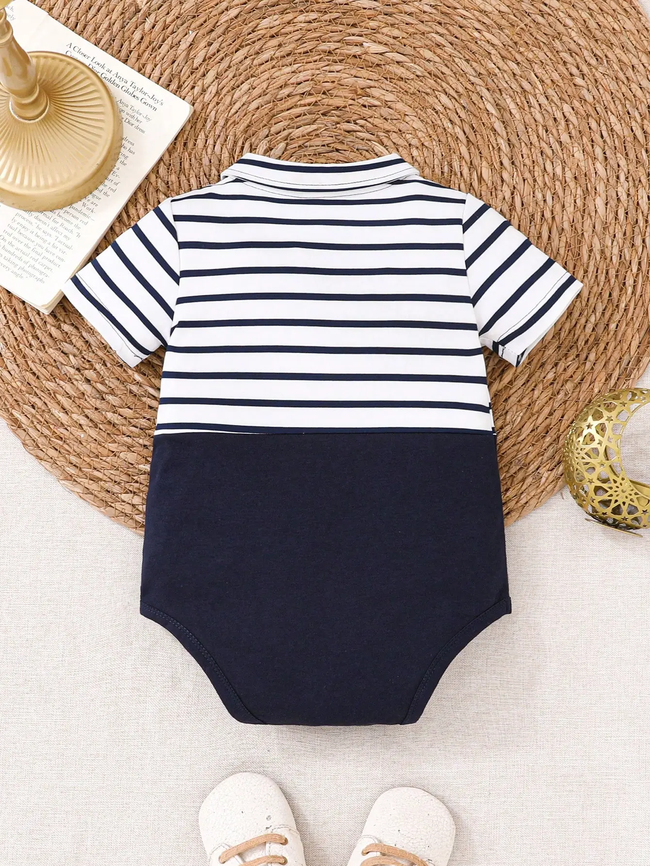 New Newborn Clothes Rompers Polo Neck Tie Blue And White Patchwork Striped Short Sleeve Triangle T-Shirt Fashion Outdoor