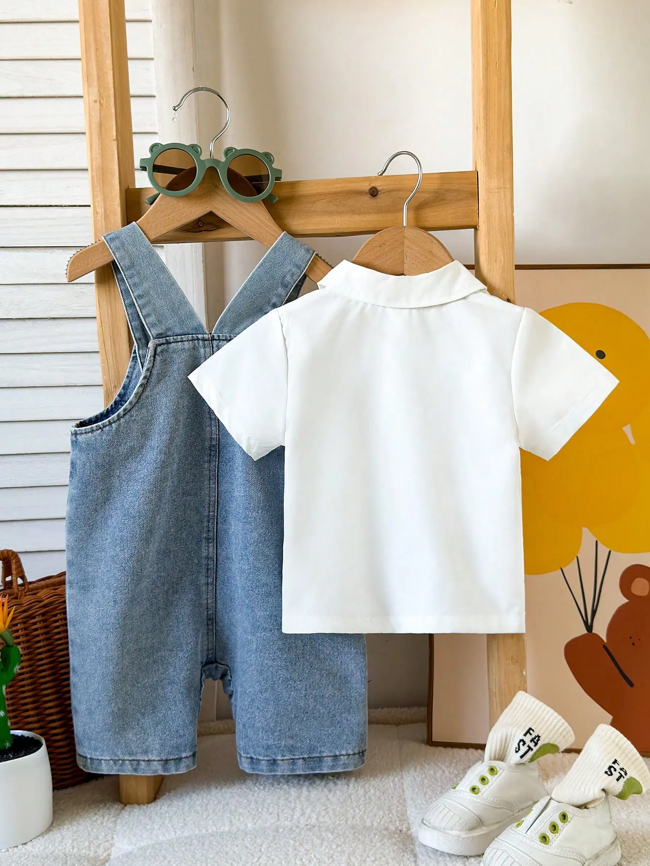 2025 Summer New Fashion Casual Outdoor White Short-Sleeved Shirt Denim Suspenders Shorts Cute Set Panda Print Fake Pocket