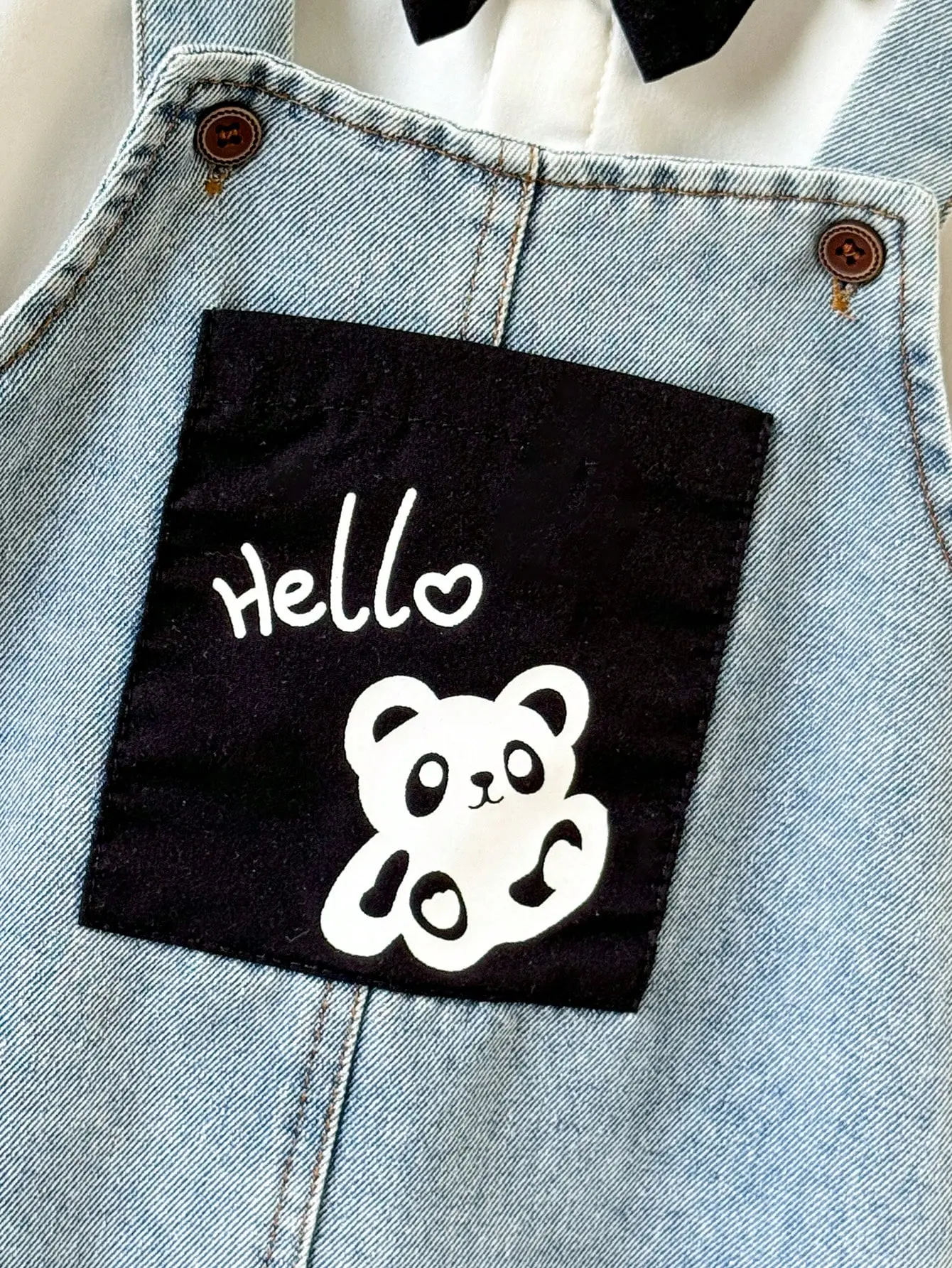 2025 Summer New Fashion Casual Outdoor White Short-Sleeved Shirt Denim Suspenders Shorts Cute Set Panda Print Fake Pocket