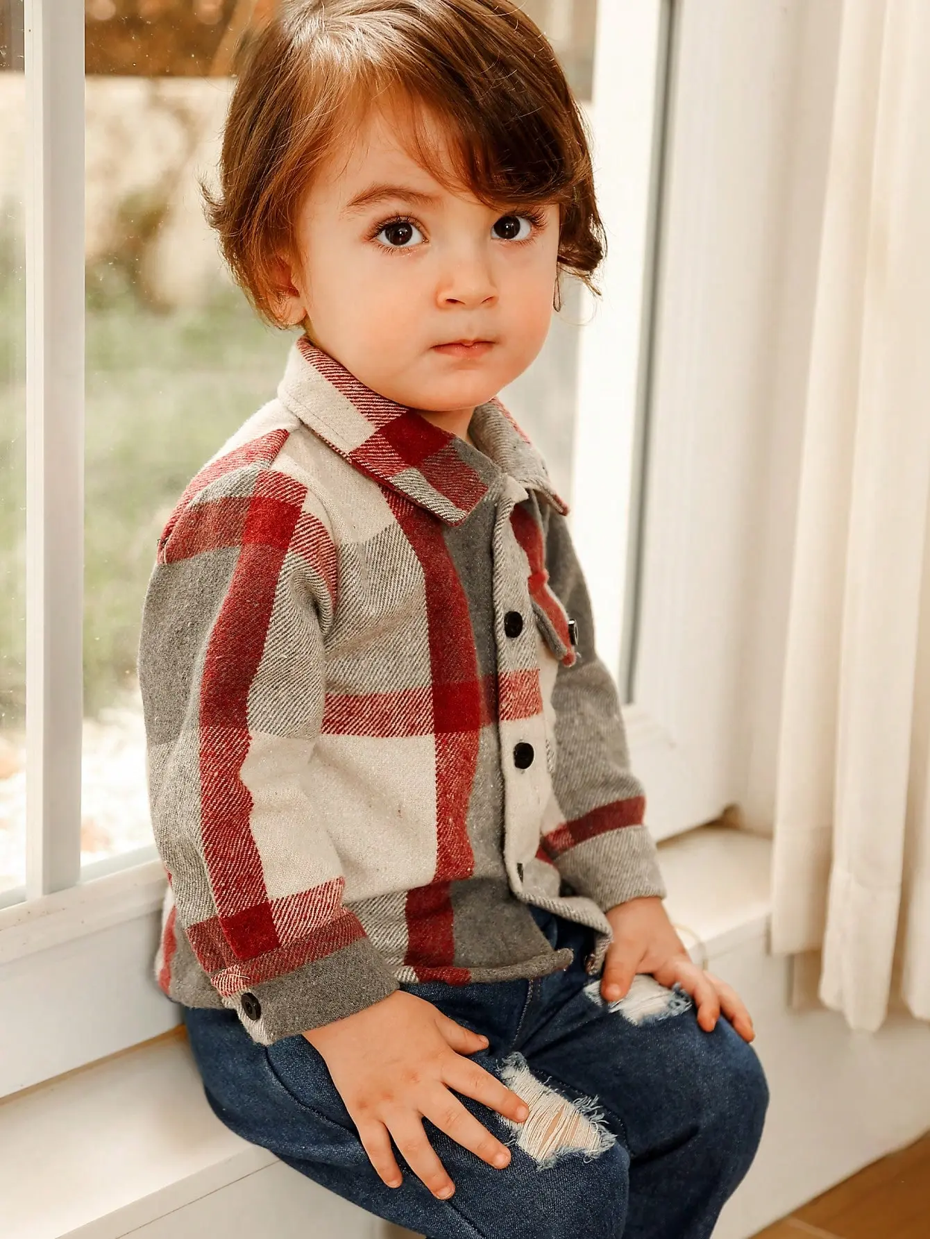 Spring And Autumn Newborn Street Style Shirt Set Outdoor Casual And Comfortable Coat + Ripped Retro Jeans 2-Piece Set