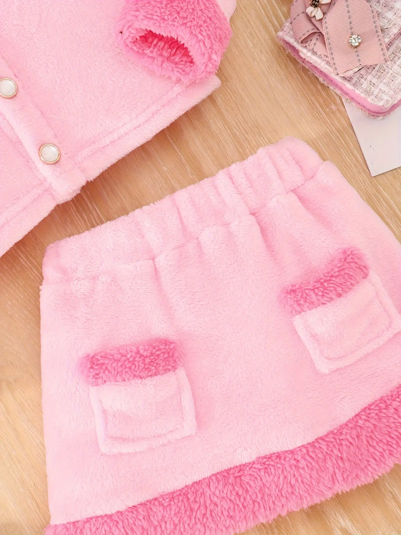 JapaneseKorean Style Pink Splicing Fluffy Small Fragrant Wind Long Sleeve Skirt Suit Fabric Comfortable Soft Warm Go Out To Wear