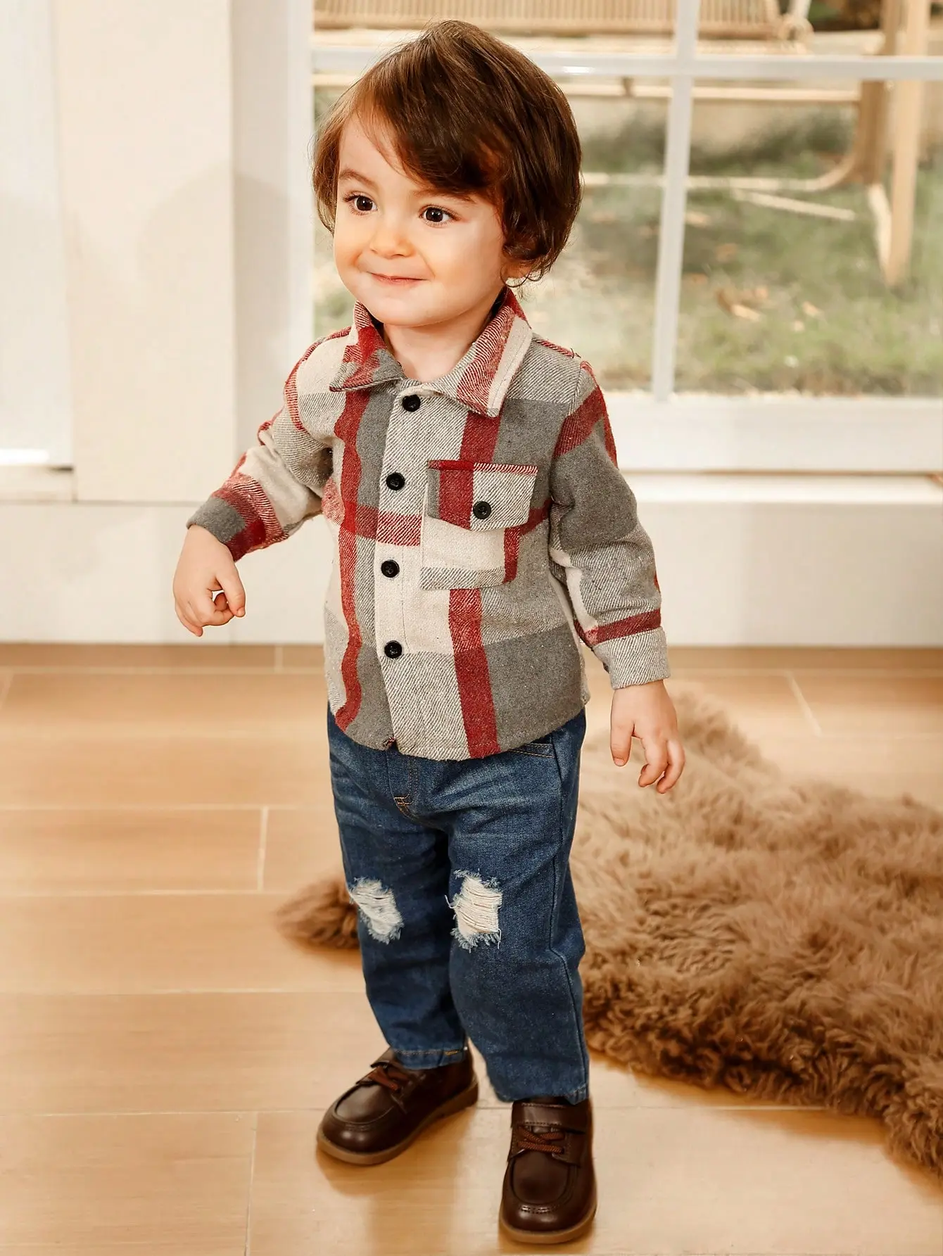 Spring And Autumn Newborn Street Style Shirt Set Outdoor Casual And Comfortable Coat + Ripped Retro Jeans 2-Piece Set
