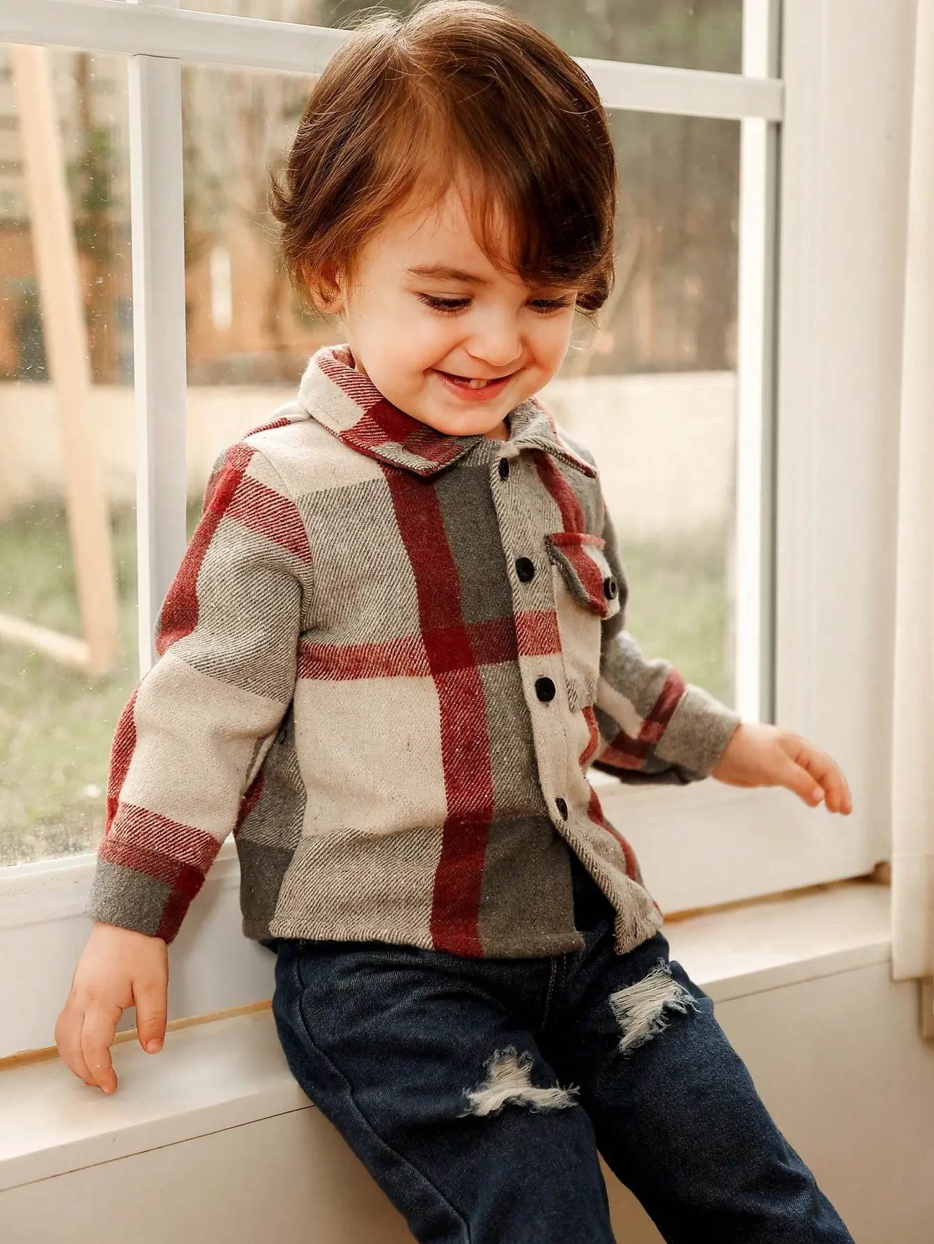 Spring And Autumn Newborn Street Style Shirt Set Outdoor Casual And Comfortable Coat + Ripped Retro Jeans 2-Piece Set