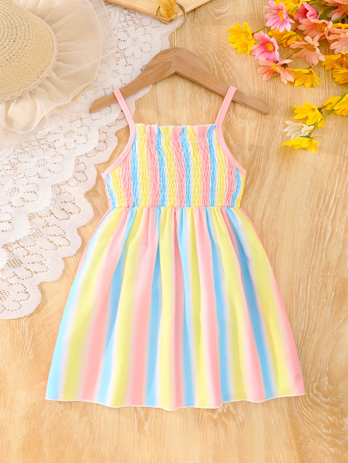 New Summer Rainbow Striped Print Halter Dress Fabric Comfortable Cool Soft Beach Holiday Style Casual Princess Dress