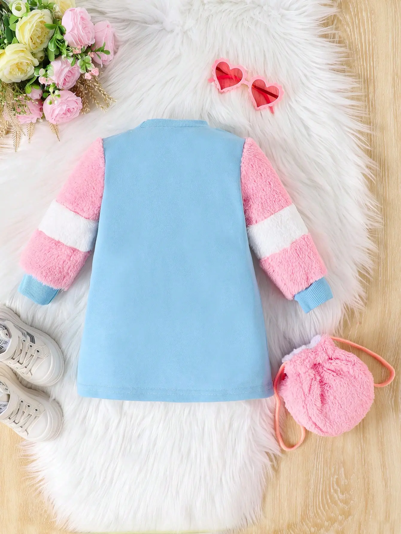 Sweet And Cute One-Piece Dress For Baby Girls In Autumn And Winter Blue Patchwork Plush Long-Sleeved Dress