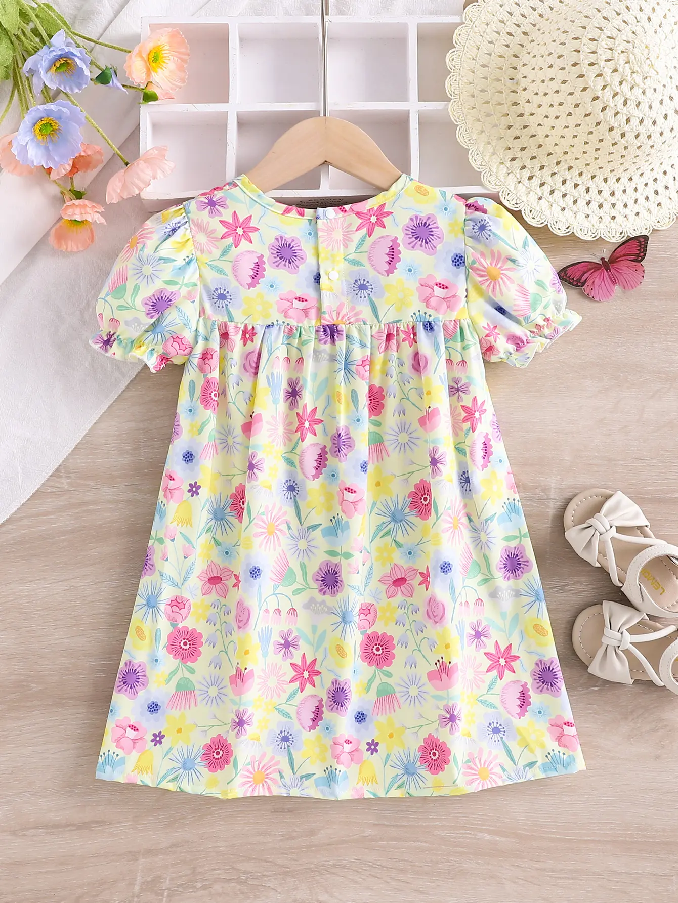 Small Floral Girls' Dress Summer Thin Children's Dress Puffed Sleeves Summer Girls' Short-Sleeved Flower Cute Dress