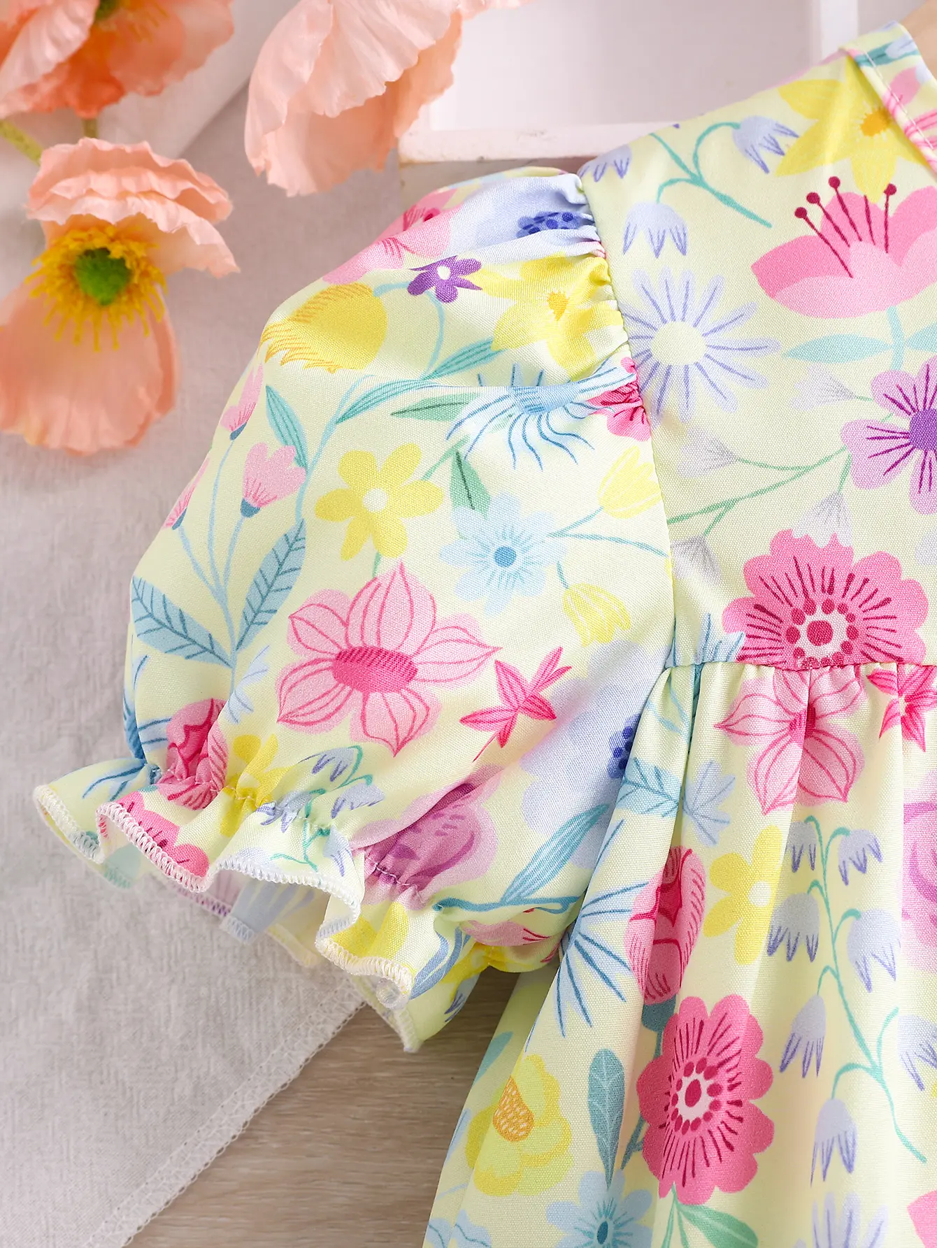Small Floral Girls' Dress Summer Thin Children's Dress Puffed Sleeves Summer Girls' Short-Sleeved Flower Cute Dress