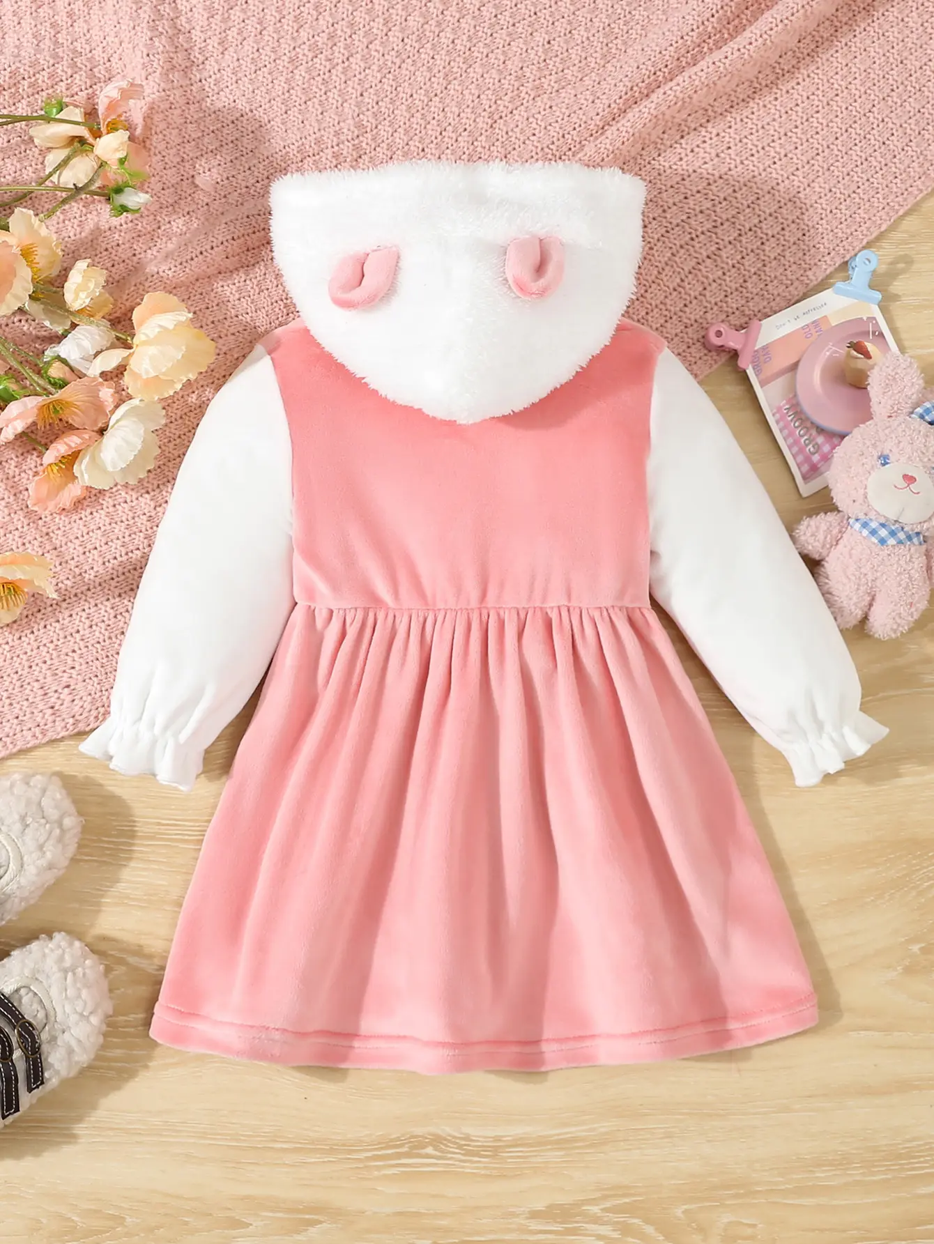 Cute And Sweet Dress For Baby Girls In Autumn And Winter Pink Hooded Rabbit Soft And Warm Plush Dress