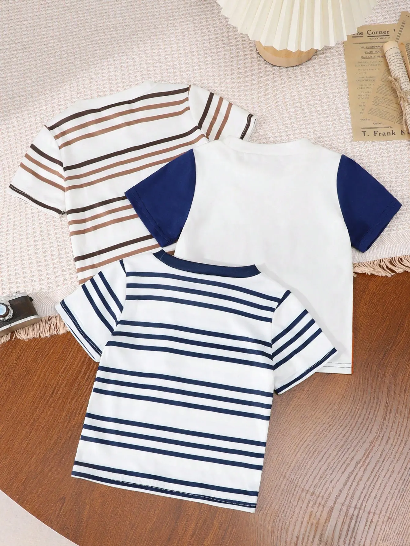 3 Pieces Summer New Comfortable Casual Simple With Breathable Round Neck Short Sleeve Stripes Matching Color Fake Pockets