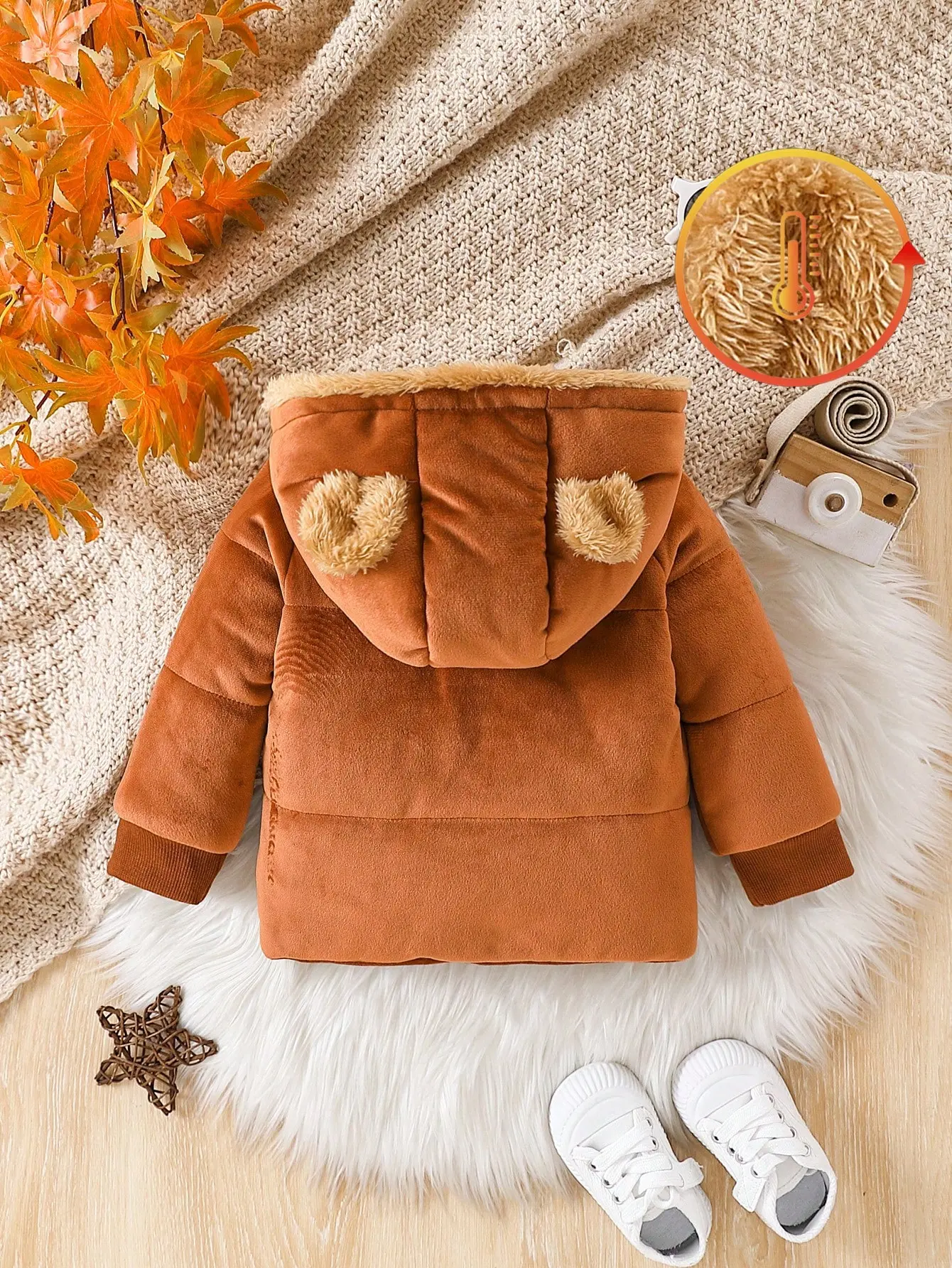For Baby Boys In Autumn And Winter Brown Cotton-Padded Clothes With Fleece Clips Create A Cute And Soft Look