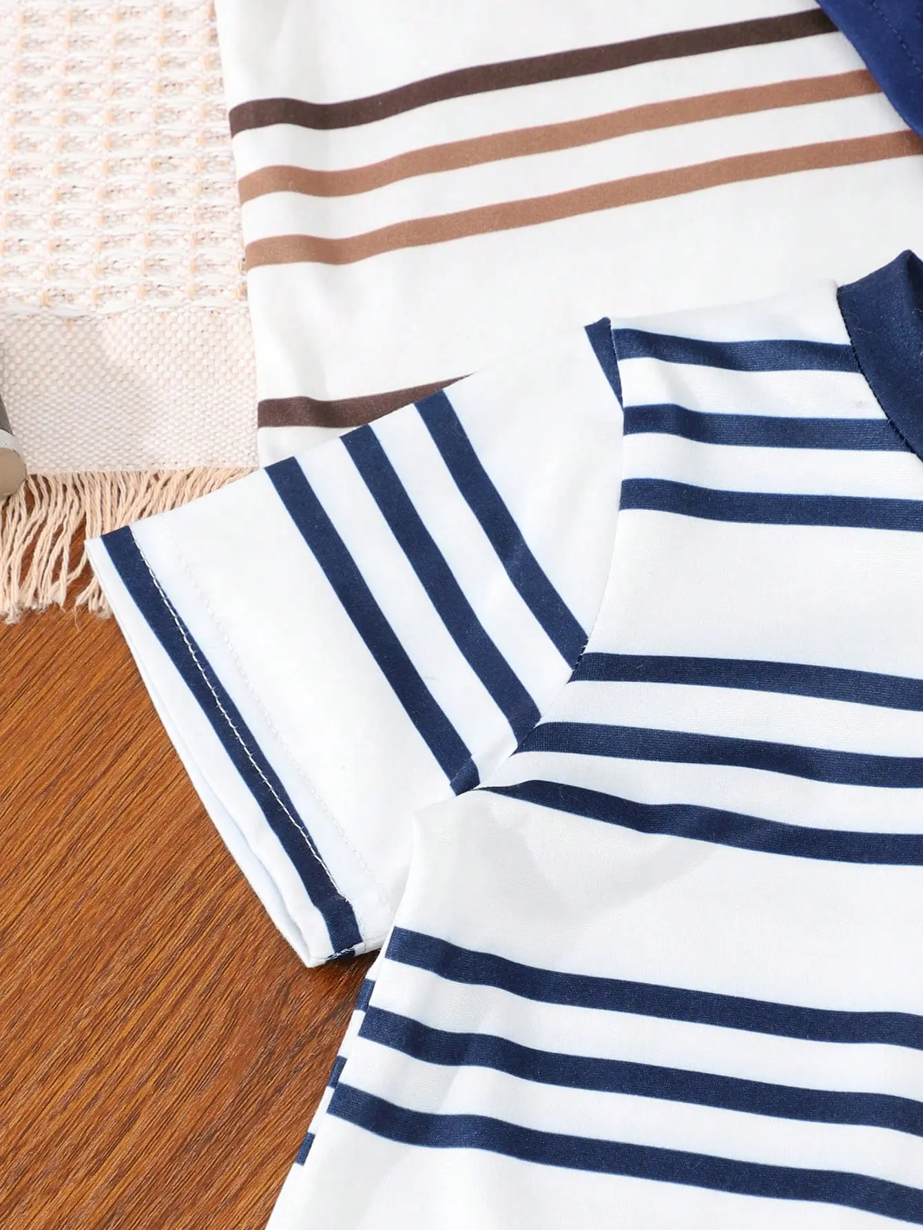 3 Pieces Summer New Comfortable Casual Simple With Breathable Round Neck Short Sleeve Stripes Matching Color Fake Pockets
