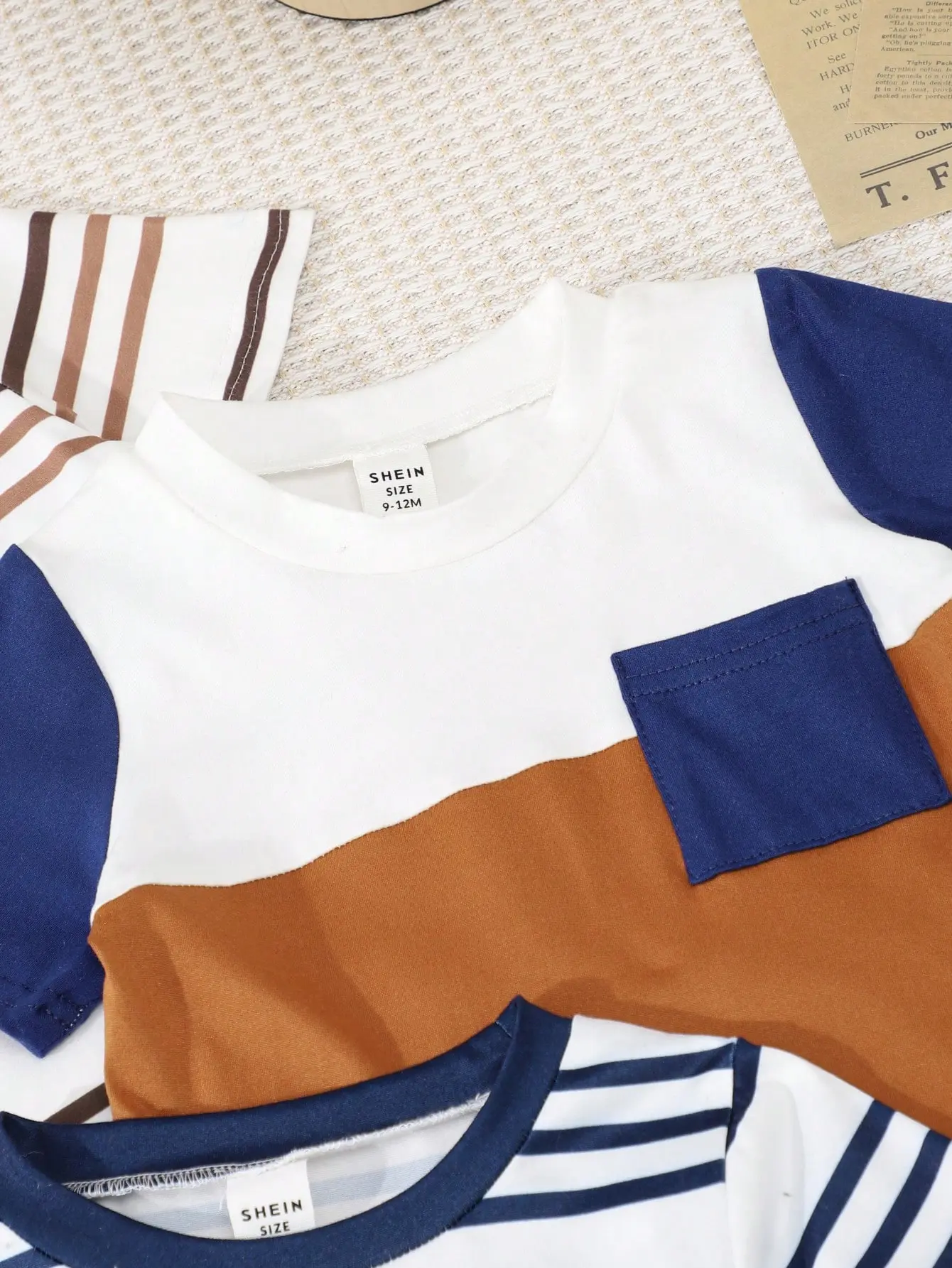 3 Pieces Summer New Comfortable Casual Simple With Breathable Round Neck Short Sleeve Stripes Matching Color Fake Pockets