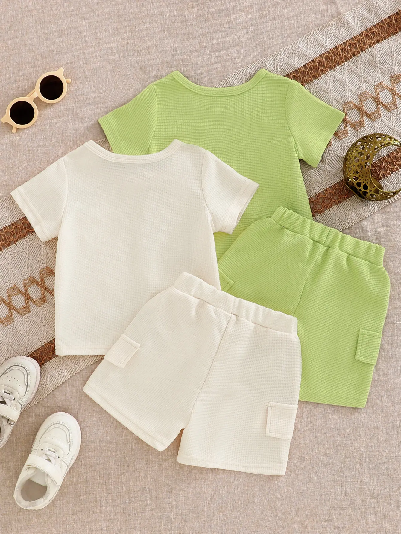 Summer Baby Boy Waffger Breathable Casual Short Sleeve And Shorts Set Outdoor Sports Comfortable 4-Piece Set
