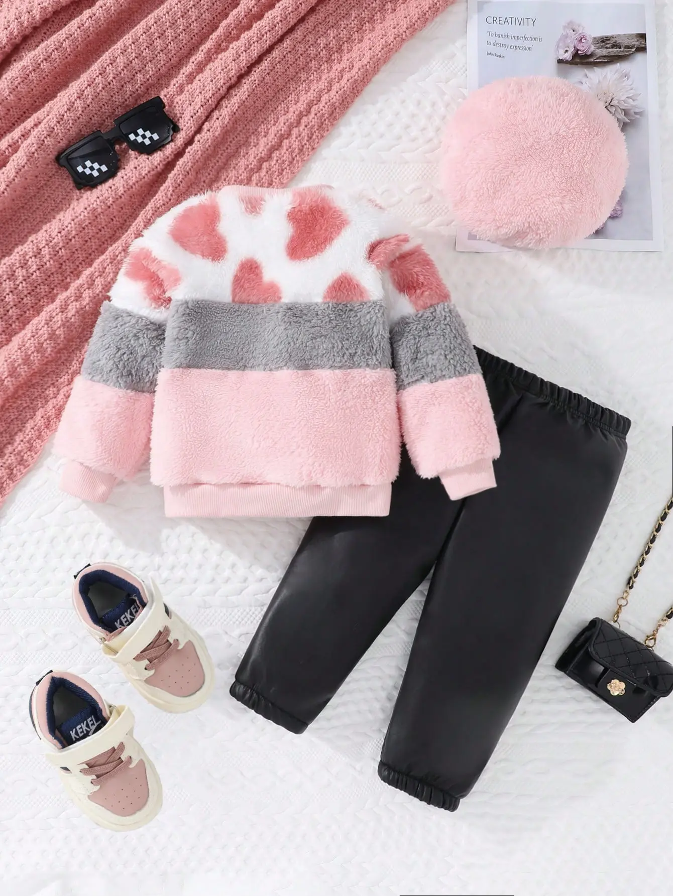 A Three-Piece Set Of Black Fleece Leather Long Pants And A Pink Hat For Baby Girls' Warmth In Autumn And Winter