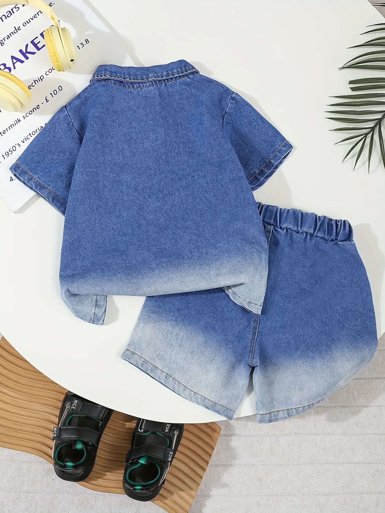 Boys' Summer Gradient Denim Set New Fashionable Outdoor Denim Short-Sleeved Shirt + Casual Shorts