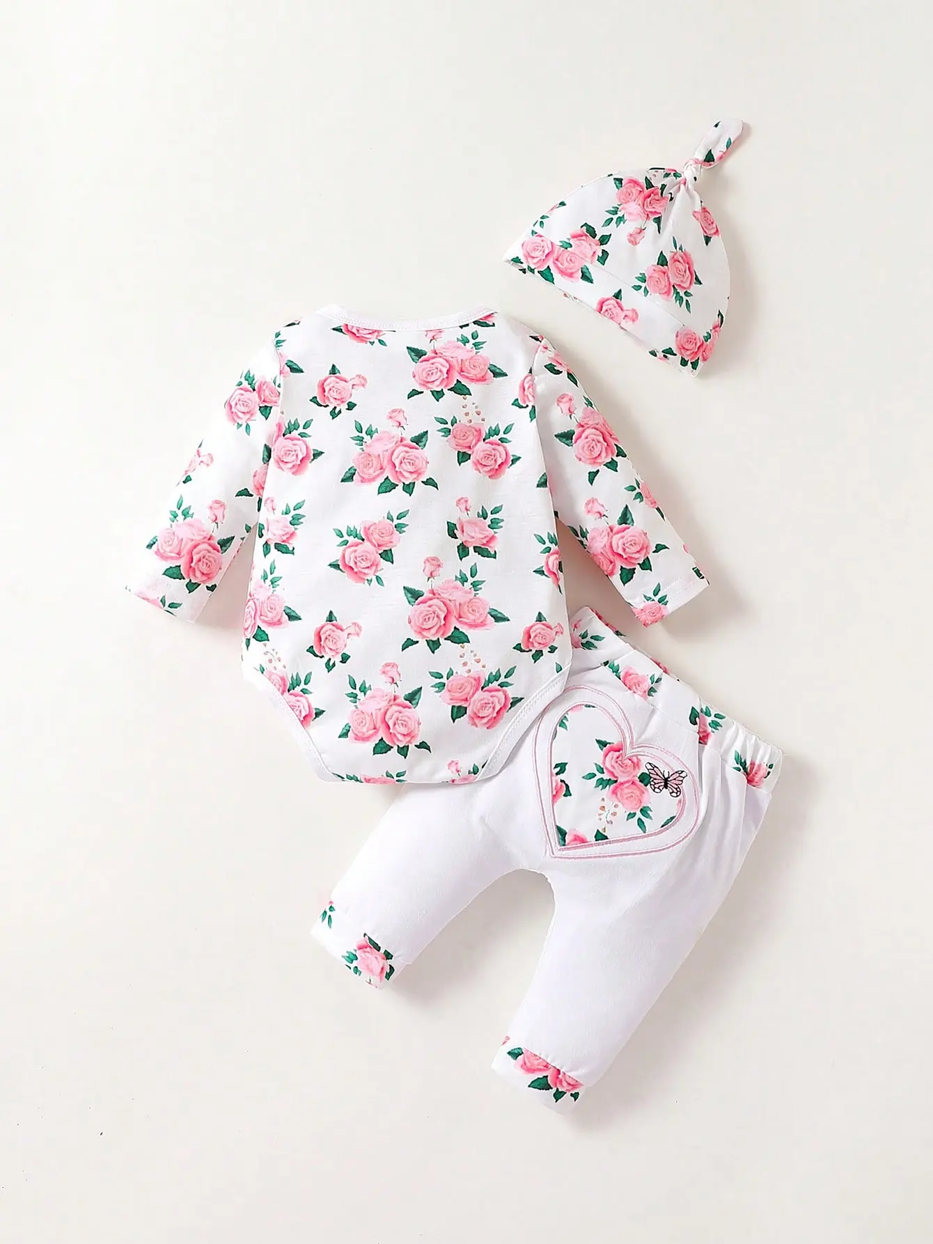 Spring And Autumn Newborn Dress Set 3 Pieces For Baby Girls: Sweet And Cute Rose Print Crawling Dress + Long Pants + Hat