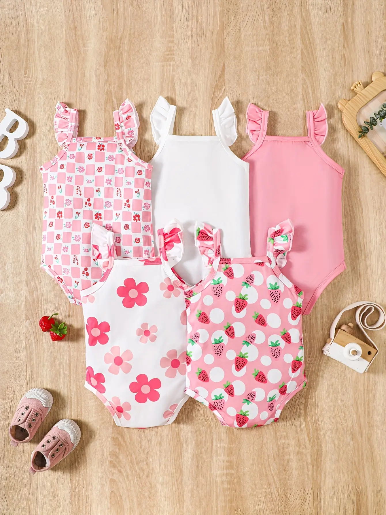 A 5-Piece Summer Refreshing And Soft One-Piece Dress A Cute Baby Girl With Fruit Print Flying Sleeves And Halter Tops