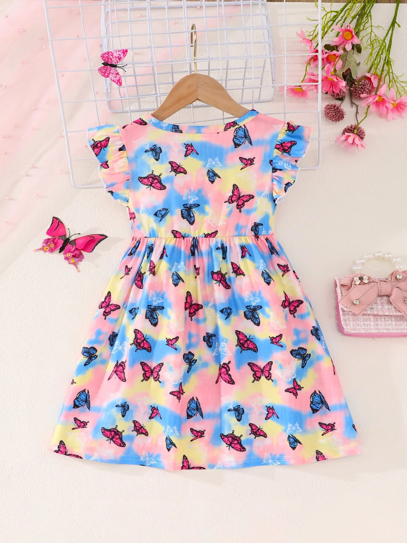 Summer Tie Dye Butterfly Print Flying Sleeve Dress Holiday Travel Wind Casual Sweet Comfortable Soft Simple Girl Dress