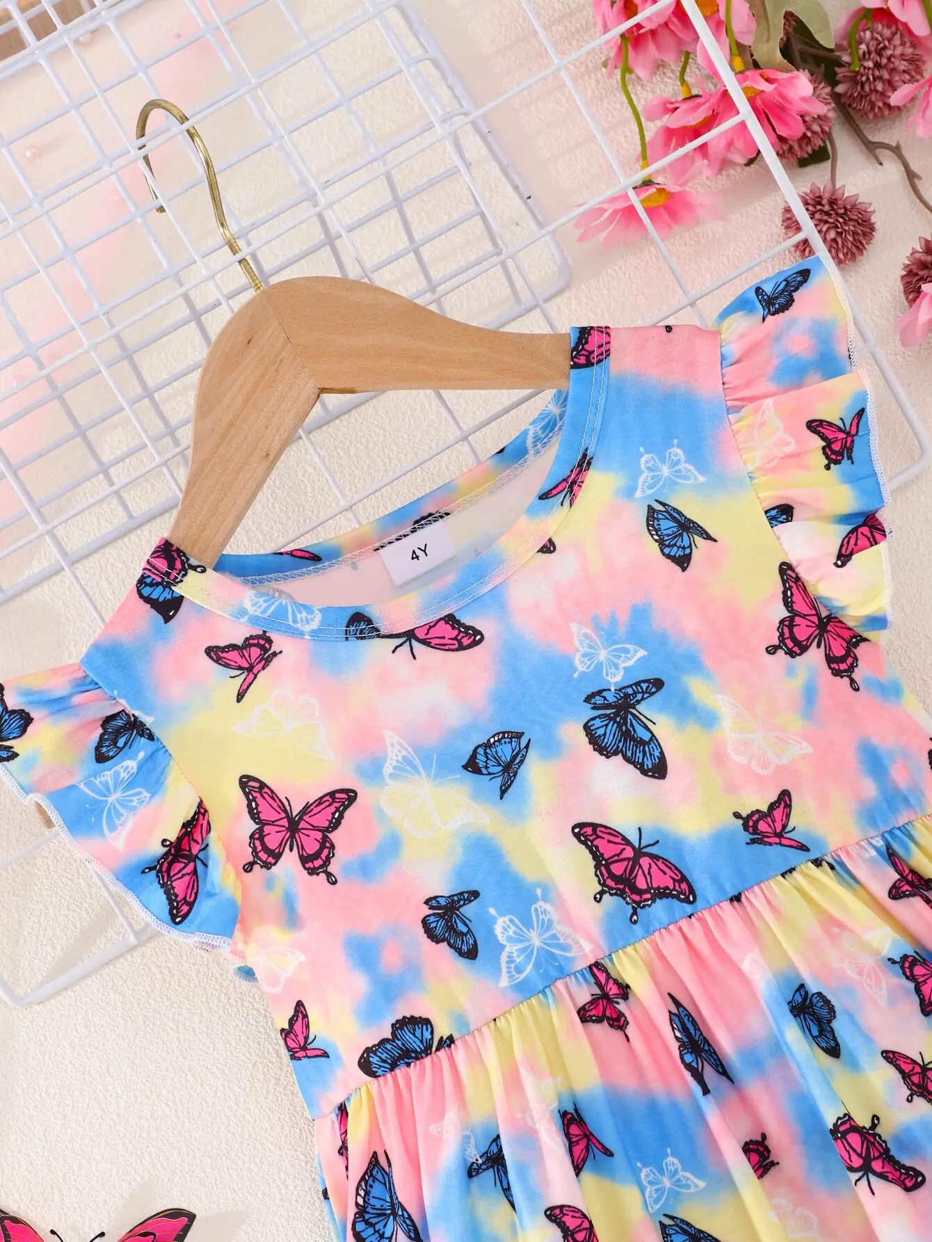 Summer Tie Dye Butterfly Print Flying Sleeve Dress Holiday Travel Wind Casual Sweet Comfortable Soft Simple Girl Dress