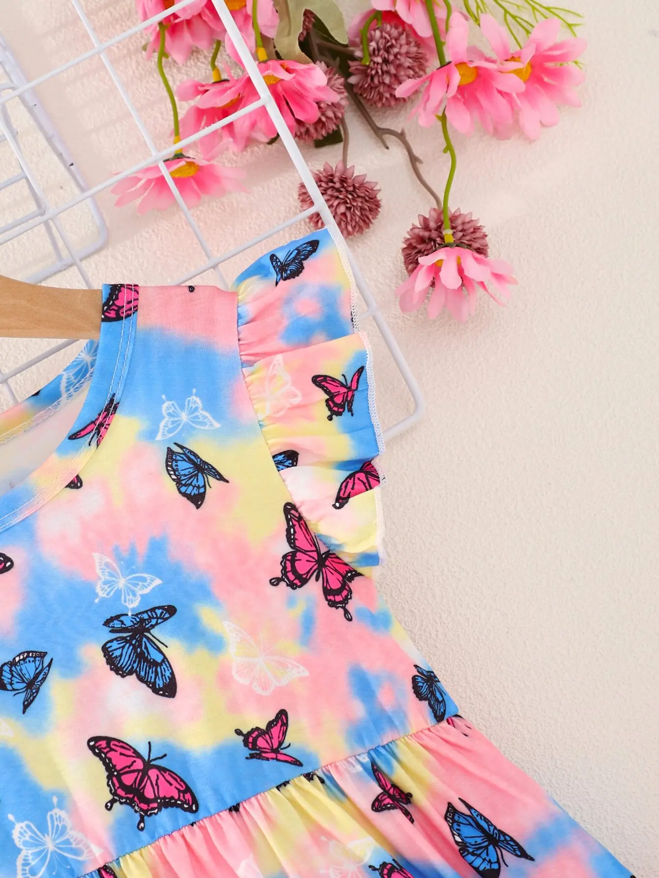 Summer Tie Dye Butterfly Print Flying Sleeve Dress Holiday Travel Wind Casual Sweet Comfortable Soft Simple Girl Dress