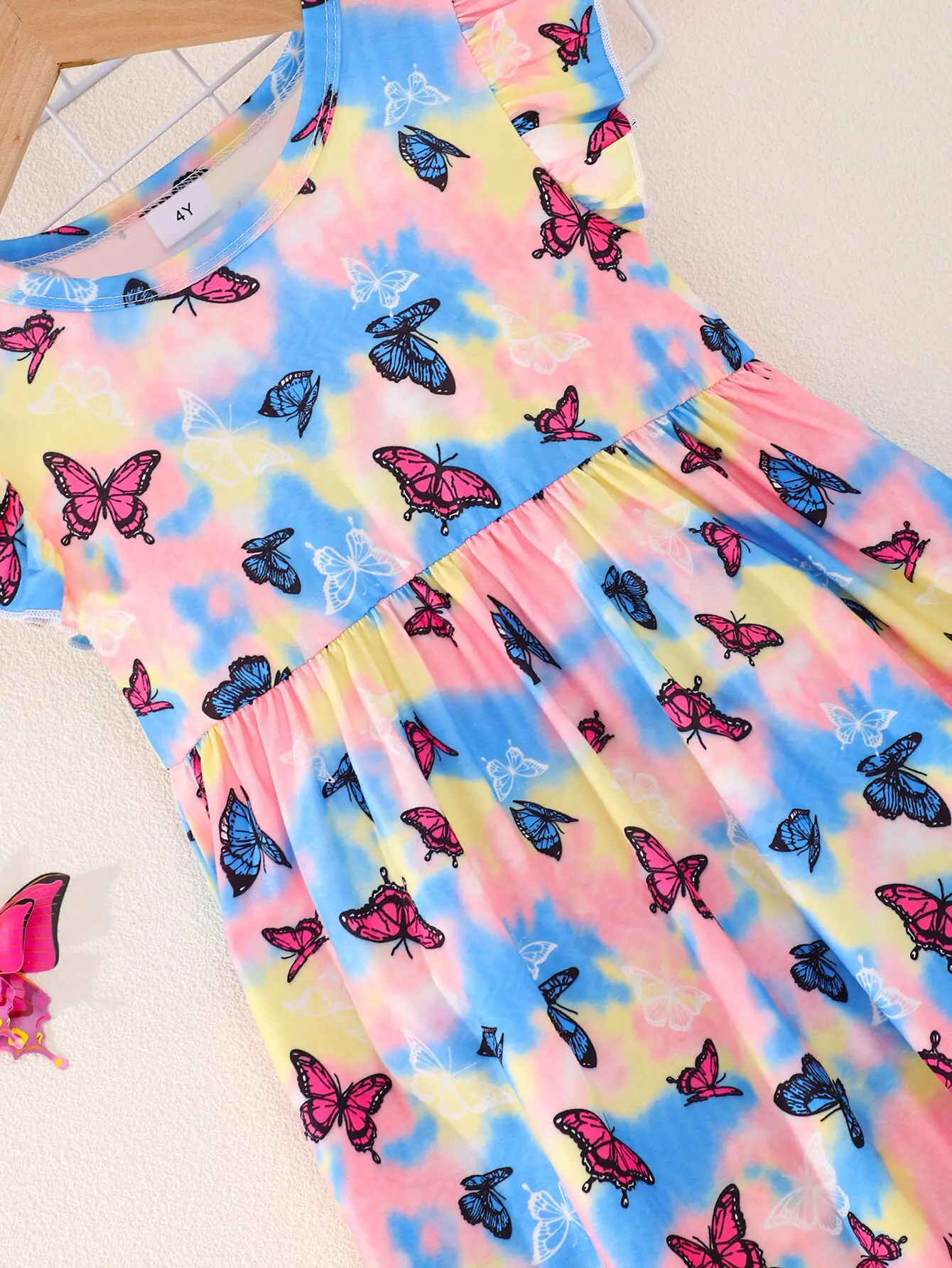 Summer Tie Dye Butterfly Print Flying Sleeve Dress Holiday Travel Wind Casual Sweet Comfortable Soft Simple Girl Dress
