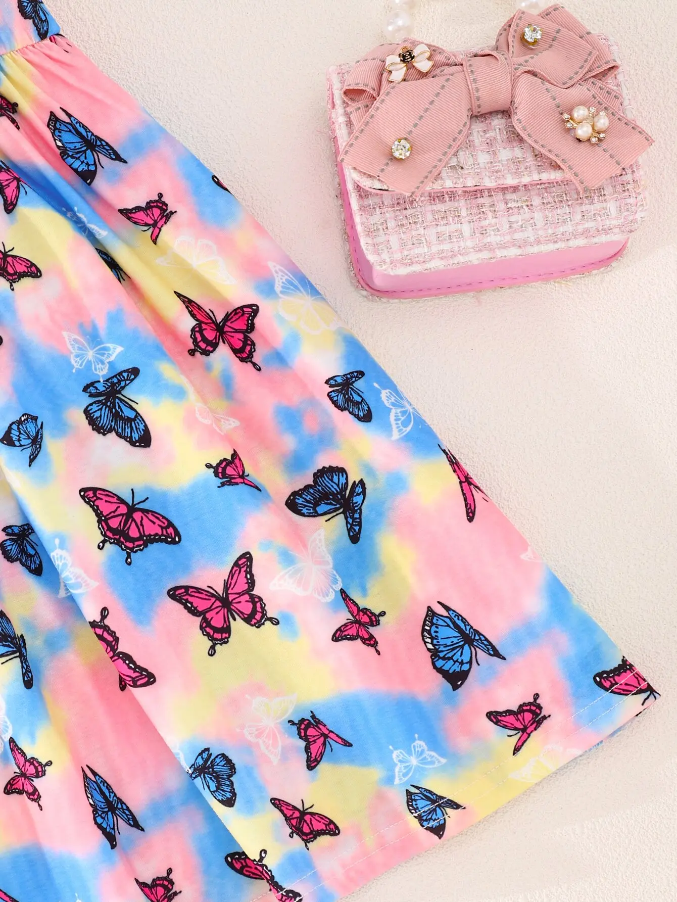 Summer Tie Dye Butterfly Print Flying Sleeve Dress Holiday Travel Wind Casual Sweet Comfortable Soft Simple Girl Dress