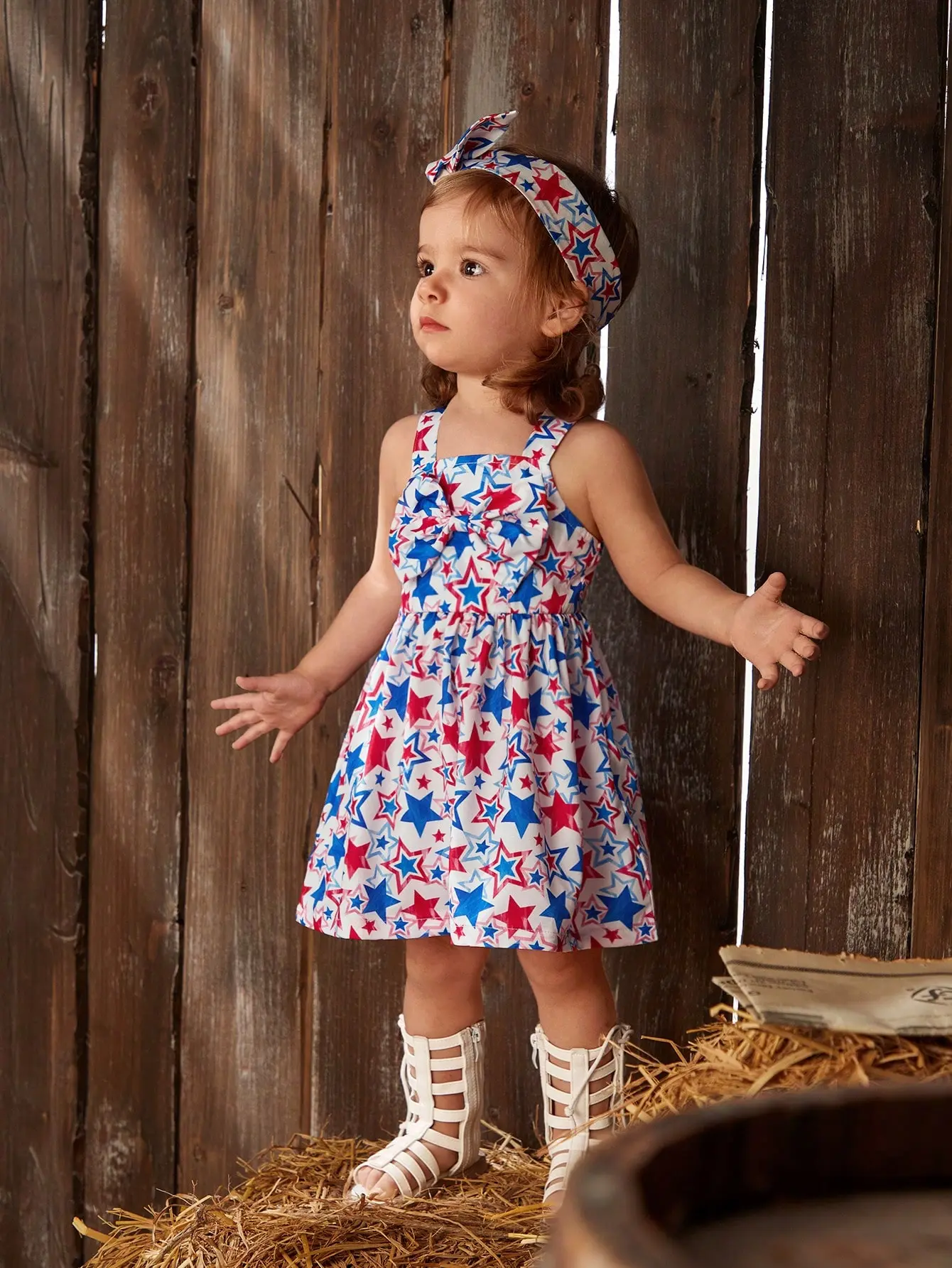 Summer Seaside Vacate-Style Dress For Baby Girls A Two-Piece Set Of Bowknot Star-Printed Halter Dress And Headband