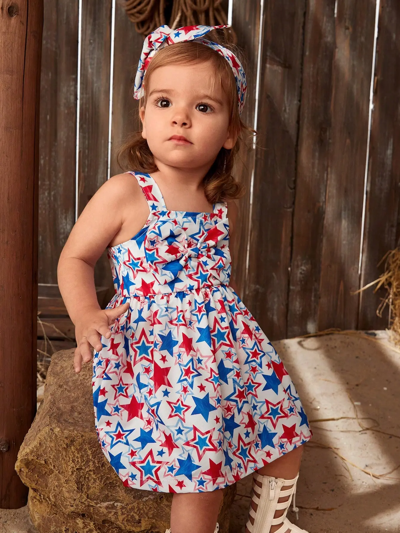 Summer Seaside Vacate-Style Dress For Baby Girls A Two-Piece Set Of Bowknot Star-Printed Halter Dress And Headband