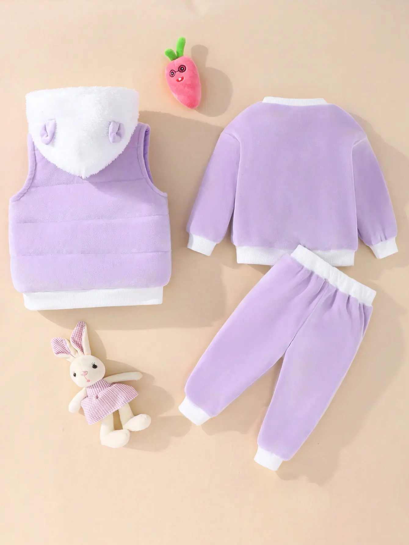 A Sweet And Cute Rabbit Embroidery Warm Suit For Baby Girls In Autumn And Winter + A Cotton-Padded Jacket And Vest 3-Piece Set