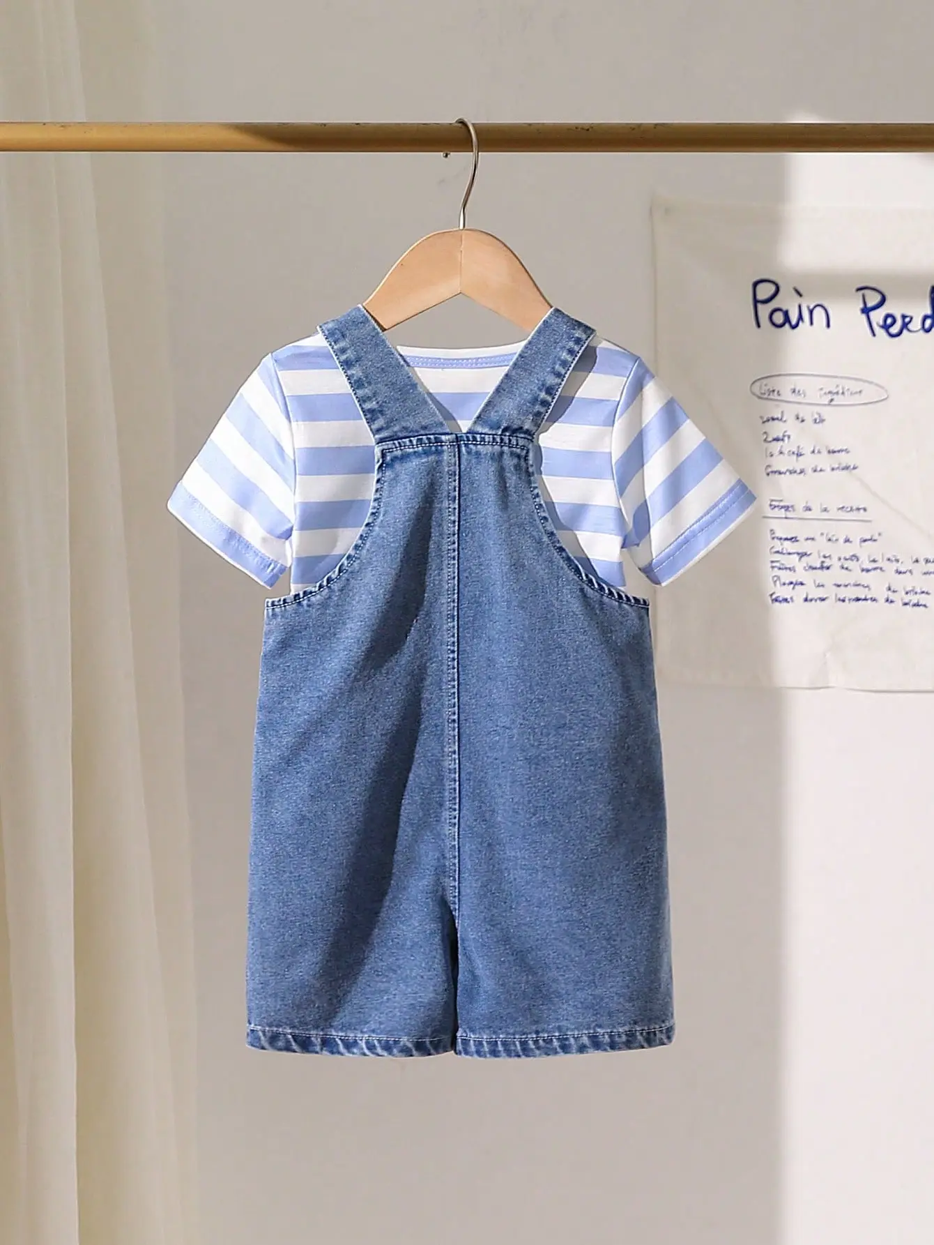 Summer Outdoor Casual Set For Newborn Babies Striped Short-Sleeved Shirt + Elephant Embroidered Denim Overalls 2-Piece Set