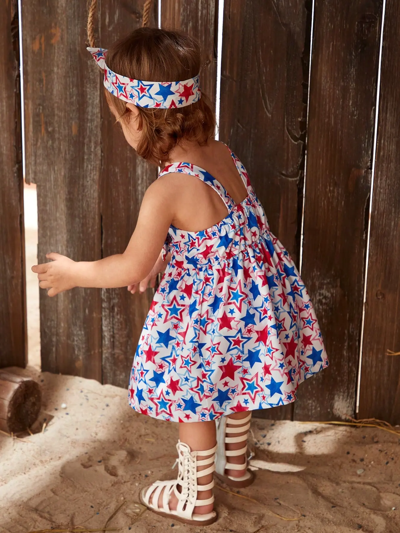 Summer Seaside Vacate-Style Dress For Baby Girls A Two-Piece Set Of Bowknot Star-Printed Halter Dress And Headband
