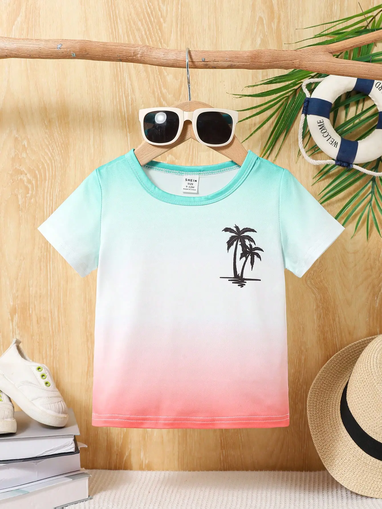 Summer Baby Boy Casual Gradient Color Short-Sleeved T-Shirt Summer Boy Beach Vacation Style Coconut Tree Print T-Shirt