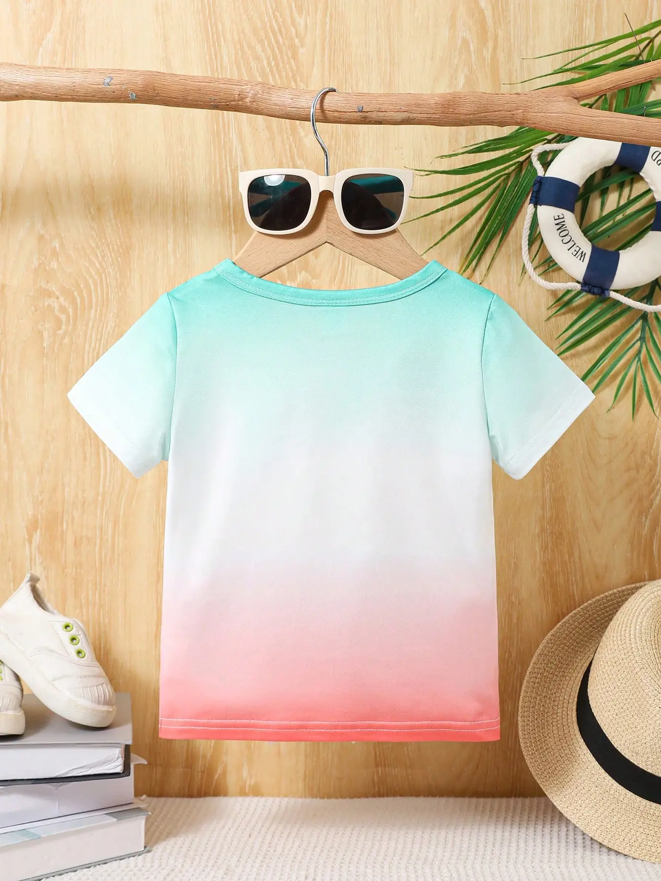 Summer Baby Boy Casual Gradient Color Short-Sleeved T-Shirt Summer Boy Beach Vacation Style Coconut Tree Print T-Shirt