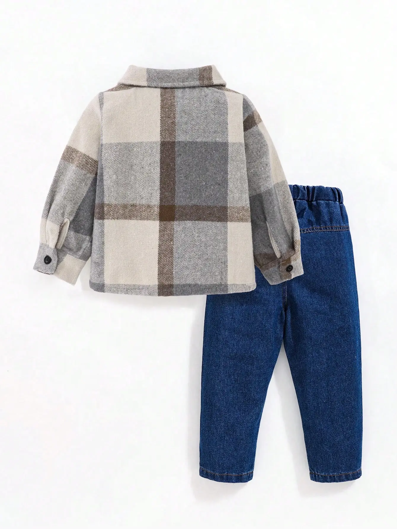 Spring/Autumn 2025 Baby Boy Outdoor Casual Set 2-Piece Set Of Comfortable Checked Coat And Ripped Jeans For Boys