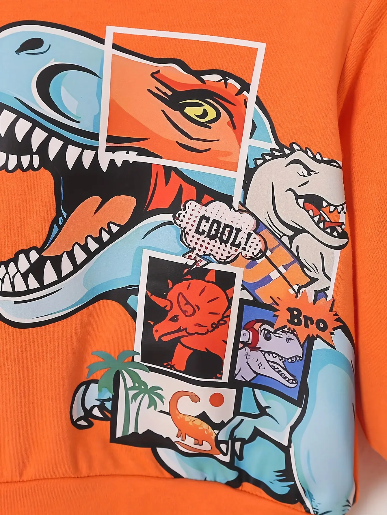 Spring And Autumn Cartoon Dinosaur Print Orange Long Sleeve Full Print Pants Fabric Soft Suitable For Outdoor And Base Wear Suit
